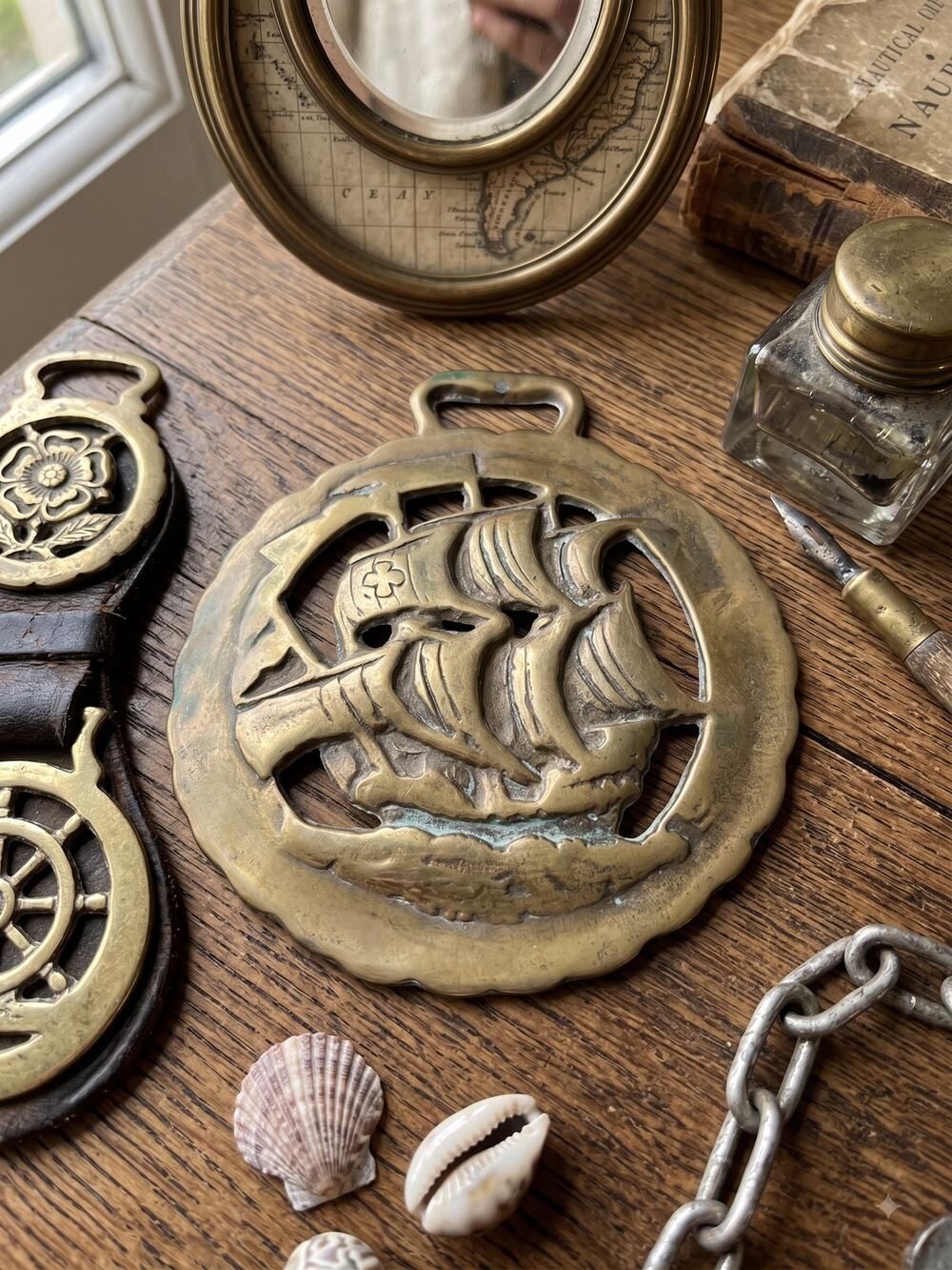 Vintage English Horse Brass Galleon Sailing Ship Harness Medallion